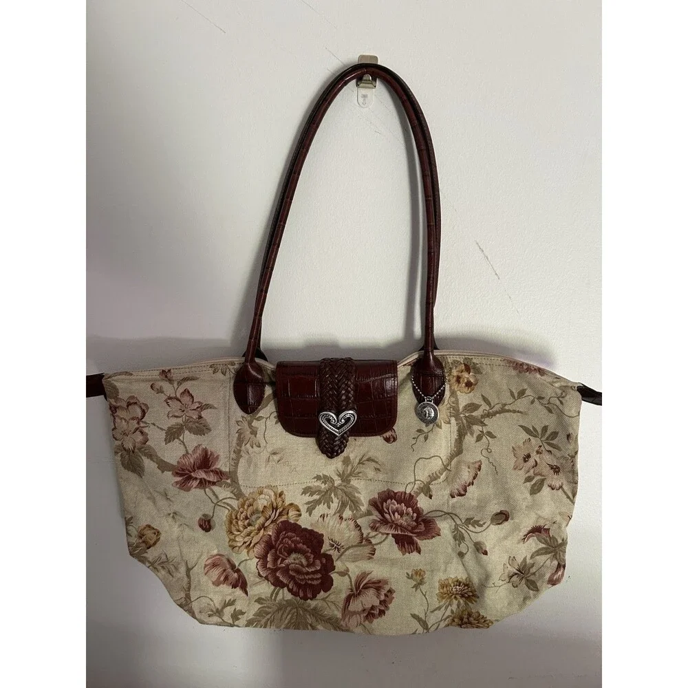 Brighton Floral Tapestry Tote Bag Brown Leather Croc Heart Charm Shoulder Purse